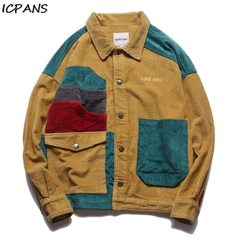 

ICPANS Men Hip Hop Corduroy Jacket Retro Color Block Jacket Shirt Streetwear Harajuku Multi Pockets Jackets Reggae 2019 Autumn