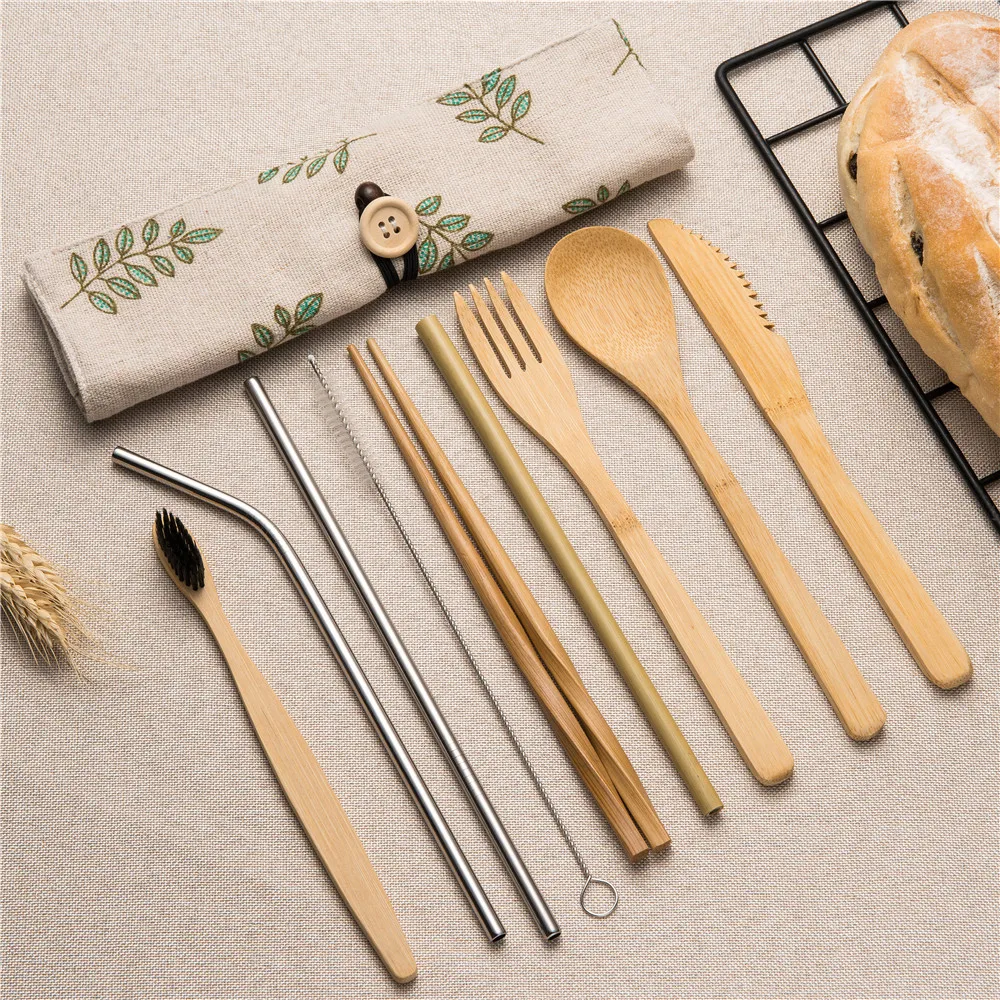 

Korean Kitchen Travel Cutlery Portable Tableware Set Forks Knives Spoons Bamboon Cutlery 10pcs with Bag Dinner Sets