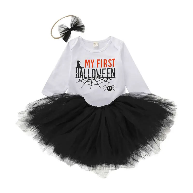 

2019 Toddler Newborn Baby Girl Clothes Set Halloween Autumn Long Sleeve Letter Bodysuit Jumpsuit Tutu Skirt Headband Outfit 3PCS
