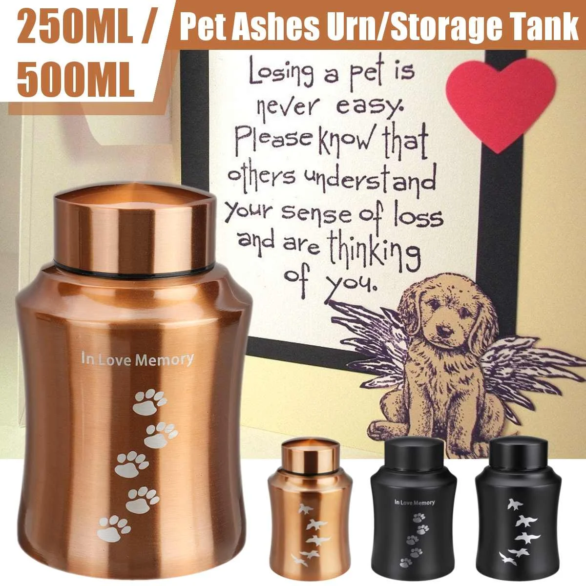 Urnas de acero inoxidable para mascotas, oro/Negro, perro, gato, pájaro, cremación, cenizas, urna, recuerdo, ataúd, columpiario, recuerdos para mascotas, 250/500ML