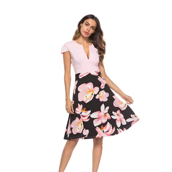 

Madam clothing OWLPRINCESS The new 2019 summer big yards dress v-neck stitching bud silk printing dress