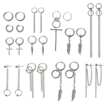 

12 Pairs Titanium Steel Statement Korean Cross Feather Chain Drop Earrings Set