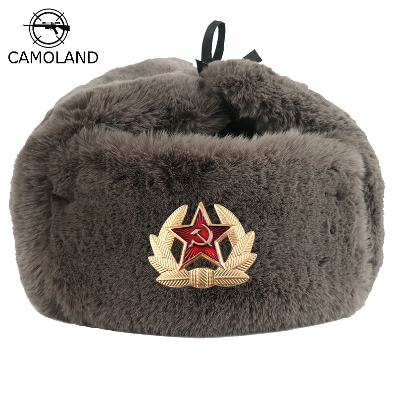 

Soviet Army Military Badge Russia Ushanka Bomber Hats Pilot Trapper trooper Hat Winter Faux Rabbit Fur Earflap Men Snow Caps