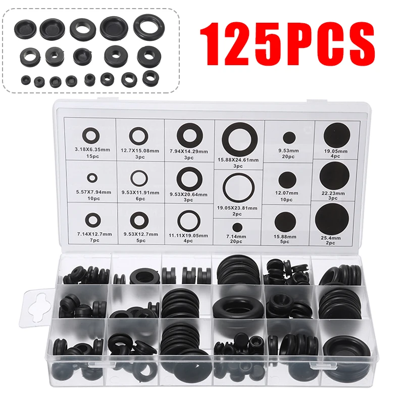 125pcs/box Rubber Grommet Black Grommet Gasket For Wire Cable