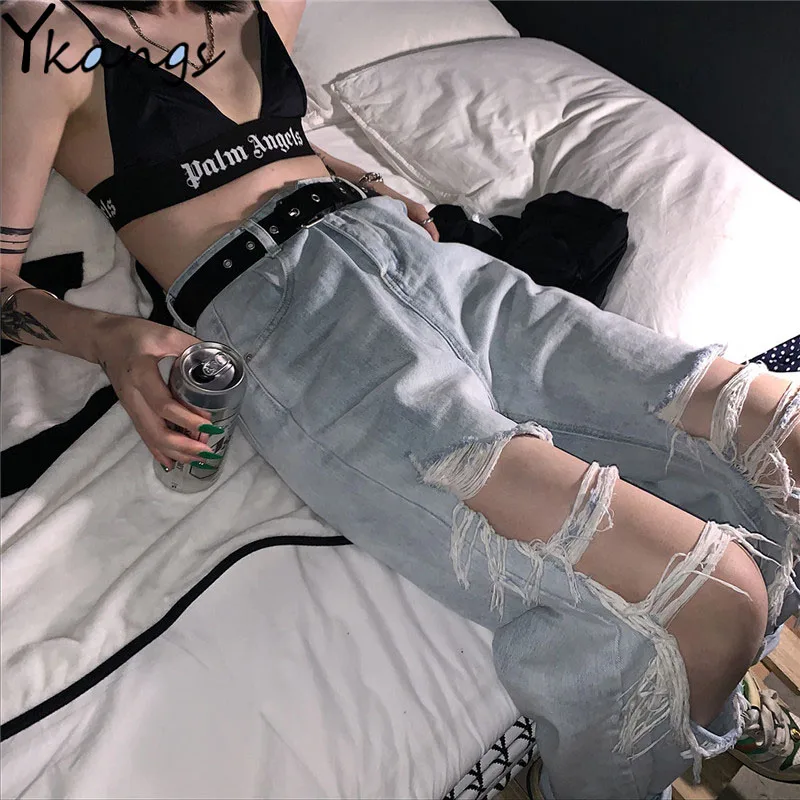 

high waist Ripped Jeans For Women's Loose Thin Jeans denim Pants Breeches Overalls 2020 Vintage Female Torn Trousers streetwear