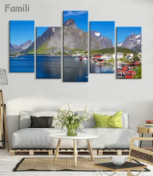 

5piece canvas art Building Norway fjord harbor mountains buildings panorama Home Decor Canvas Poster Print,decorative pictures