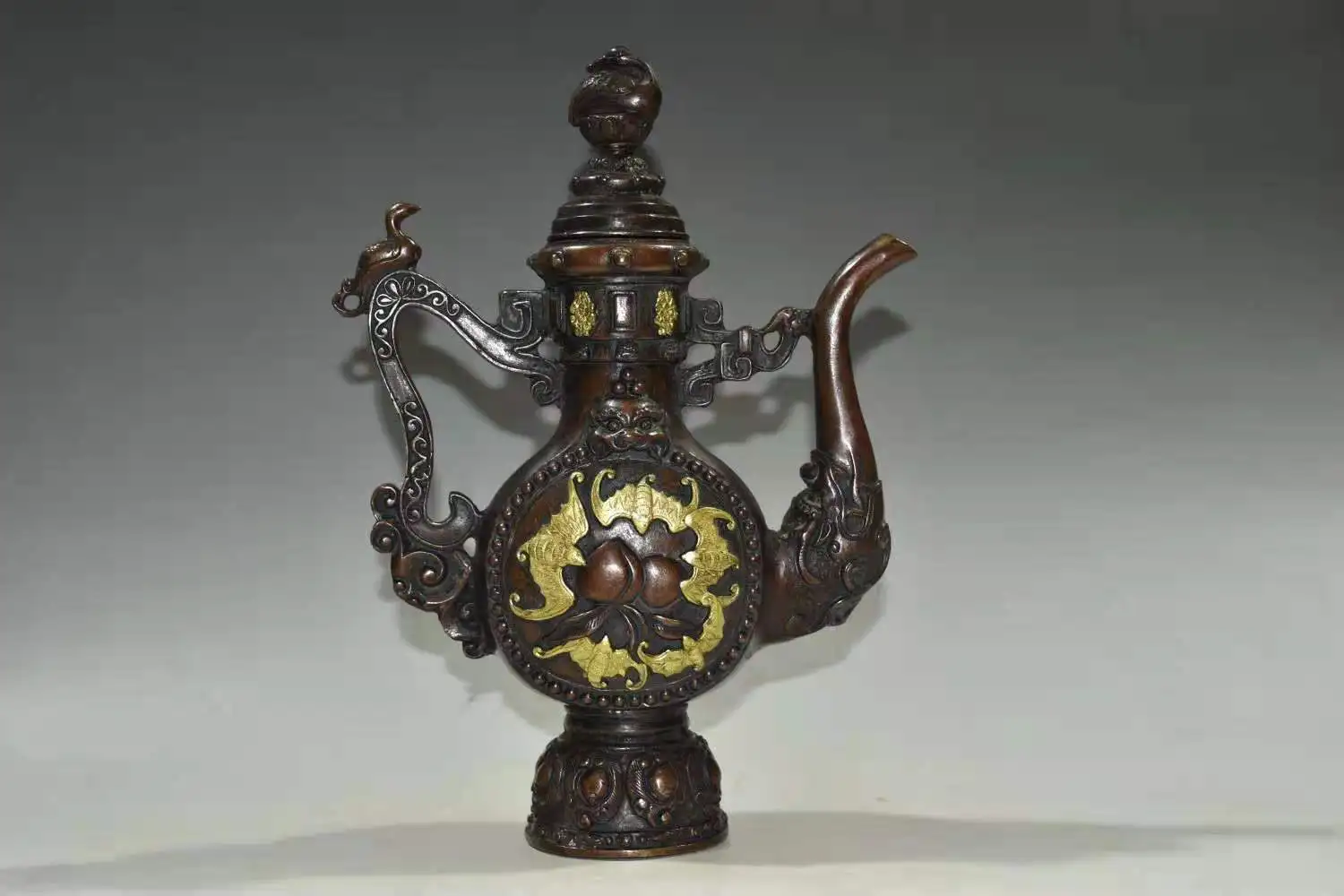 

rare old Qing Dynasty copper&gilt bat teapot,good carving,with mark,Decoration,Free shipping,