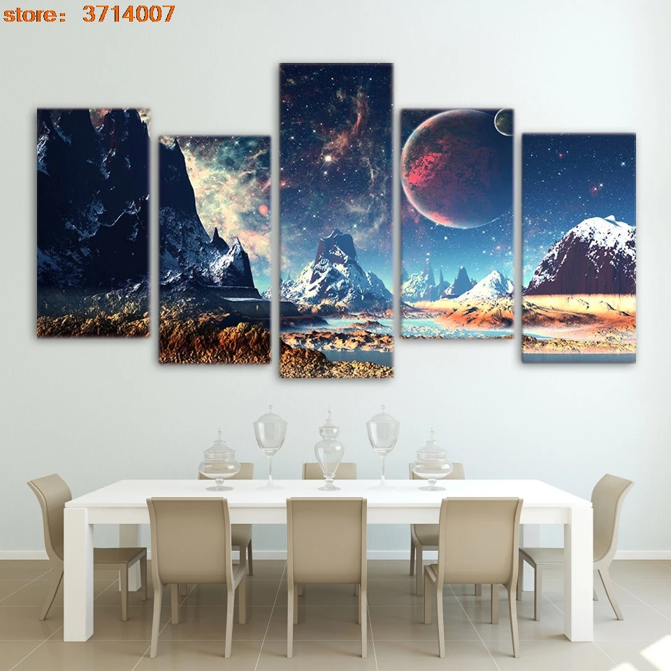 

2020 paintings on the wall Canvas HD Prints Wall Art Pictures 5 Pieces Mountains And Space Set Planet Snow Lake Galaxy Poster
