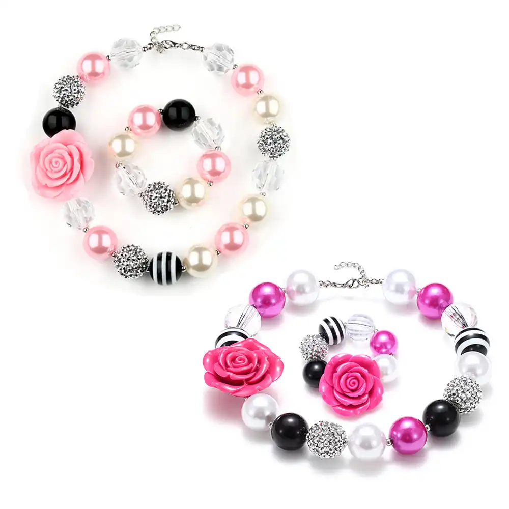 Cdybox Bambini Del Fiore Della Rosa Perline Rughe Strass Chunky Dichiarazione Bubblegum Principessa Collana Di Perline E Bracciale Set Per Le Ragazze Collane Con Ciondolo Aliexpress