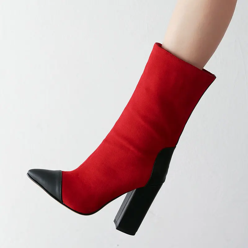 

Brand Designer Faux Suede Mid Calf Boots for Women Fashion Stitching Pointed Toe Block Boots Ladies Short Boots Black Red Brown