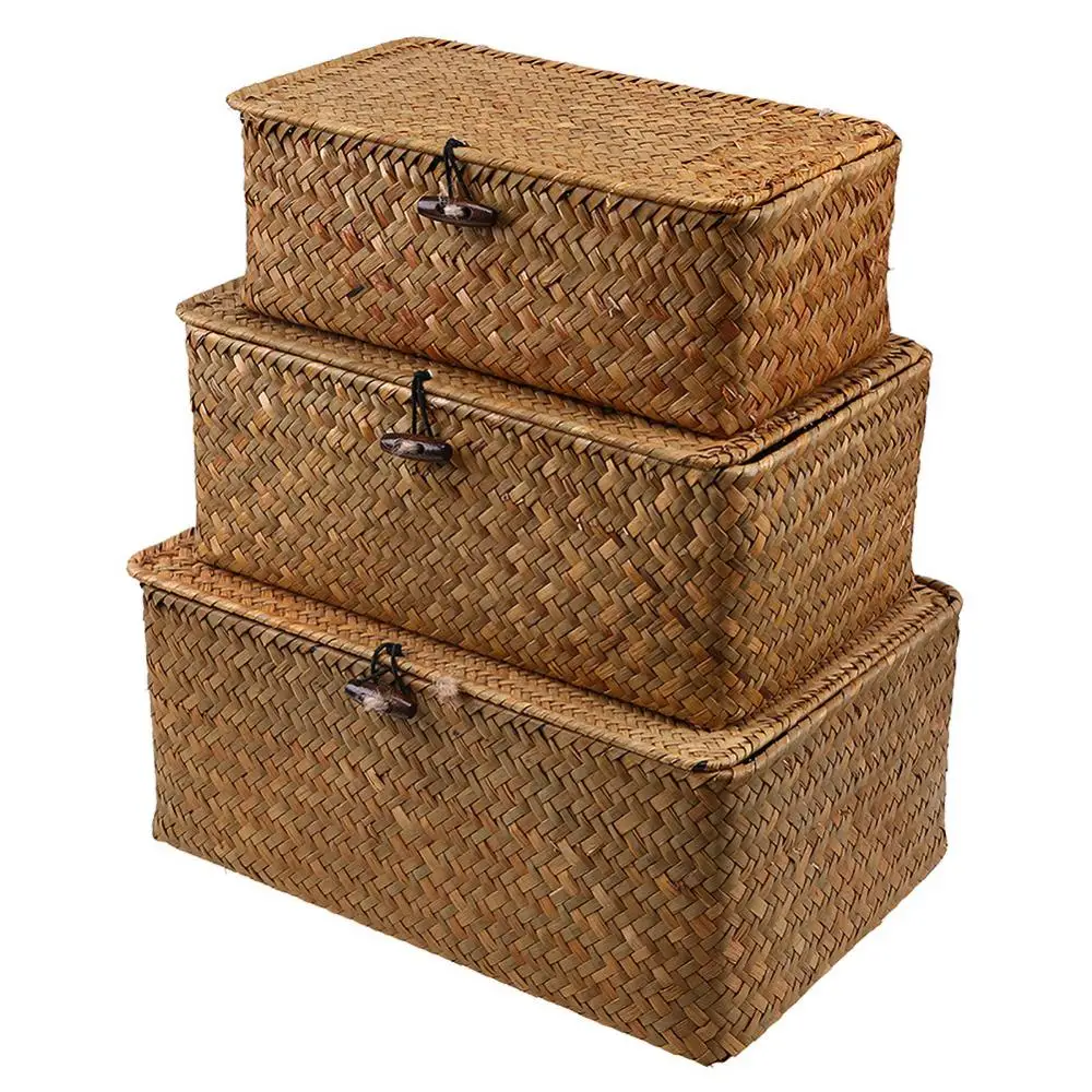 Rattan Storage Box With Lid Hand-woven Jewelry Box Wicker Makeup Organizer Food Container Storage Boxes Bins For Kids Toys