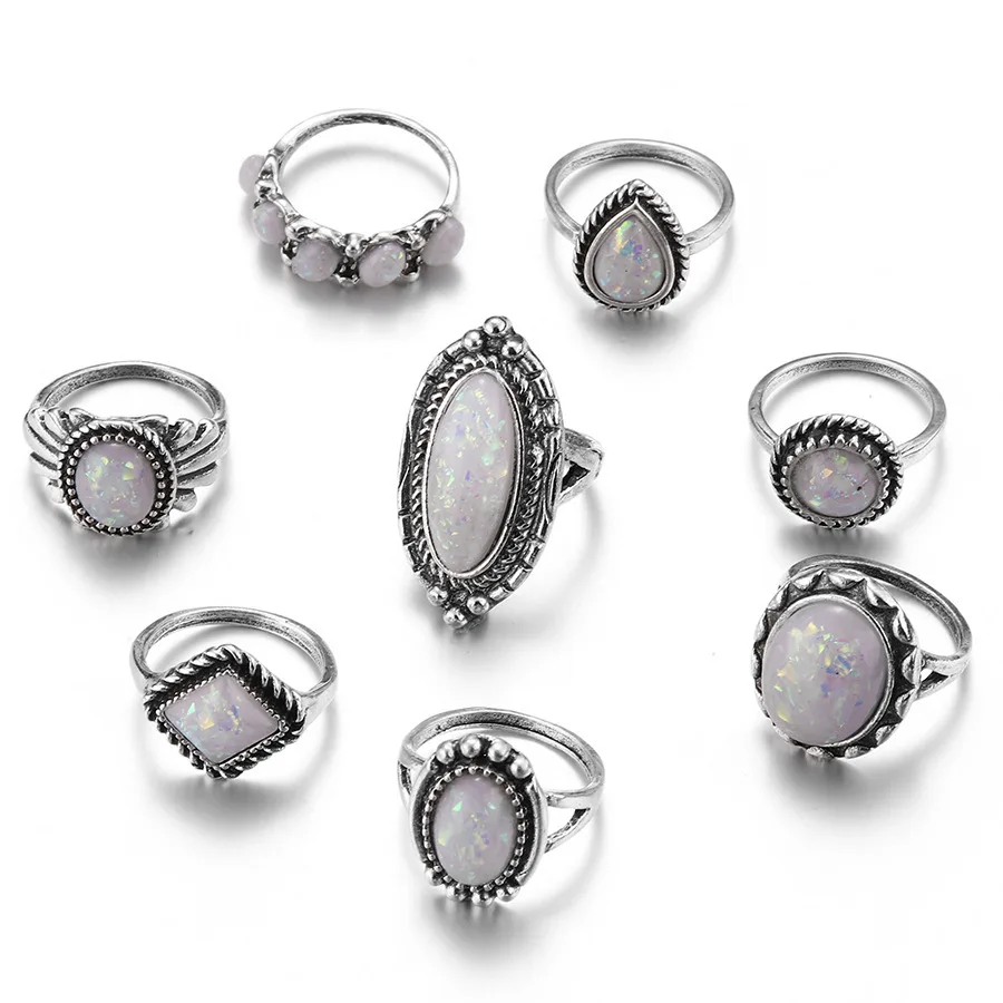 Винтажные наборы колец для женщин, богемный серебристый цвет, опал, камень, массивные кольца, ювелирные изделия на палец, новинка