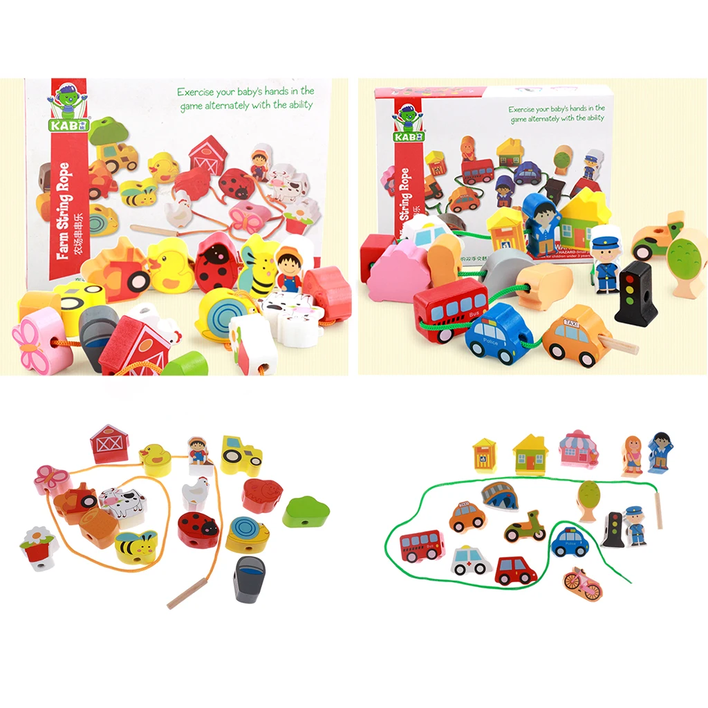 2x Wooden Cartoon Threading Beads Lacing Game Kids Baby Educational Toy Set - Farm and City