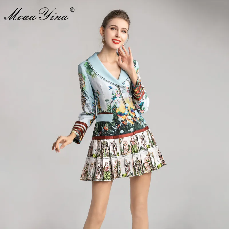 Wholesale Price DXJqy MoaaYina Fashion Designer dress Spring Autumn Women's Dress Long sleeve Print Beaded Double breasted Pleated Dresses