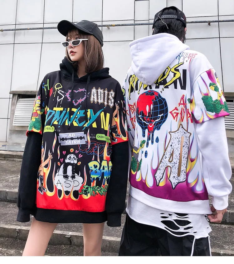 Aolamegs Hoodies Men Hip Hop Letter Print Men Pullover Cartoon Oversize Style Hooded Sweatshirt Lover High Street Streetwear