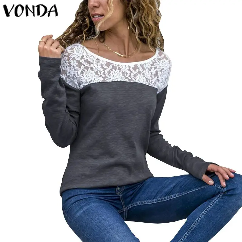 VONDA блузки из хлопка, женские сексуальные осенние Рубашки с круглым вырезом и длинным рукавом, женские кружевные лоскутные топы и блузки размера плюс, богемные блузы