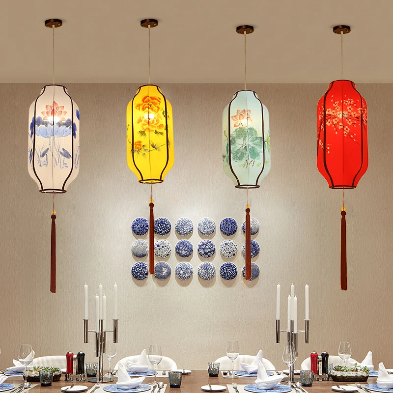 New Chinese long chandelier fabric hand painted lantern Classical palace lamp restaurant tea hall corridor lotus | Дом и сад