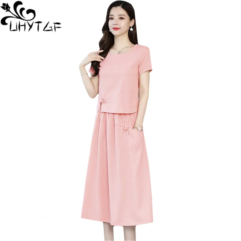 

UHYTGF Fashion dress two piece set women Korean short sleeve pullover summer skirt sets female cotton linen big size dress 1686