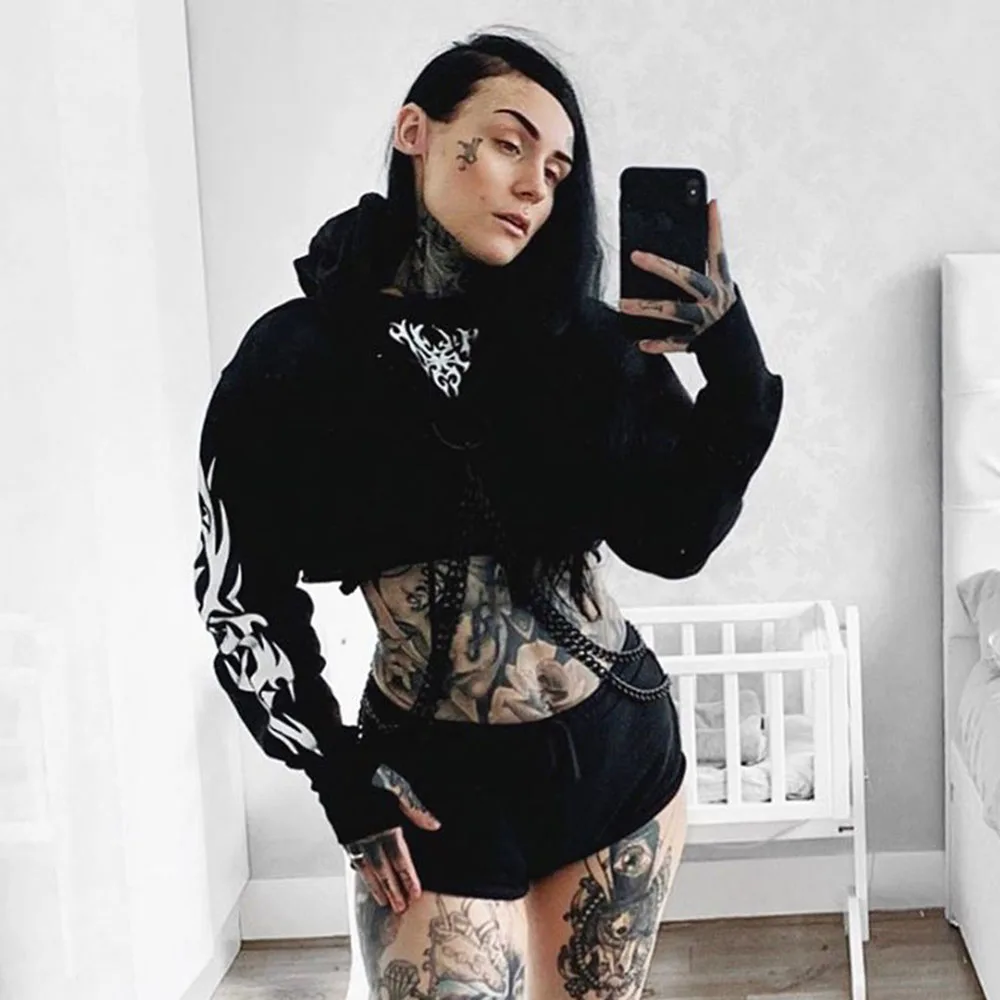 Streetwear Crop Hoodies Women Sweatshirt Gothic Punk Reflective Printed Chain Black Crop Hoodies Tops Casual Lady Gothic Goth