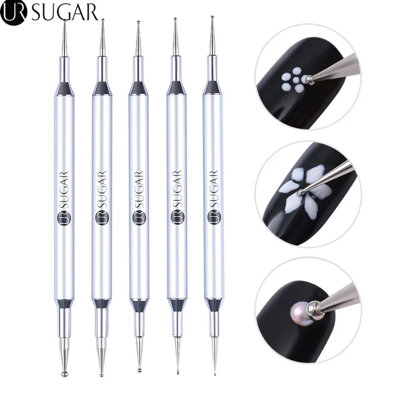 

UR SUGAR 5Pcs Marbling Dotting Pen Brush Double-ended Metal Dot Flower Pen Nail Brush Manicure Nail Art Tool Set for UV Gel DIY