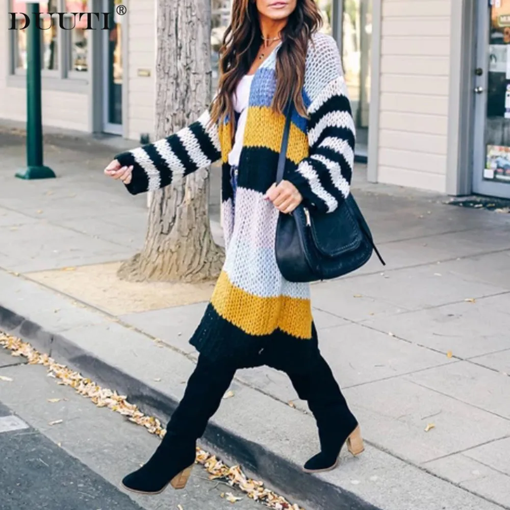 

Contrast Long Cardigans Women Patchwork Sweater Striped Coat Fashion Warm Autumn Outwear Causal Cardigans D30