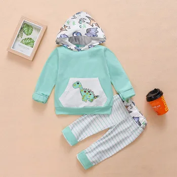

Kids Sets Baby Boy Girl Autumn Soft Striped Cotton Dinosaur Print Hooded Top Pant Two Pieces Sets
