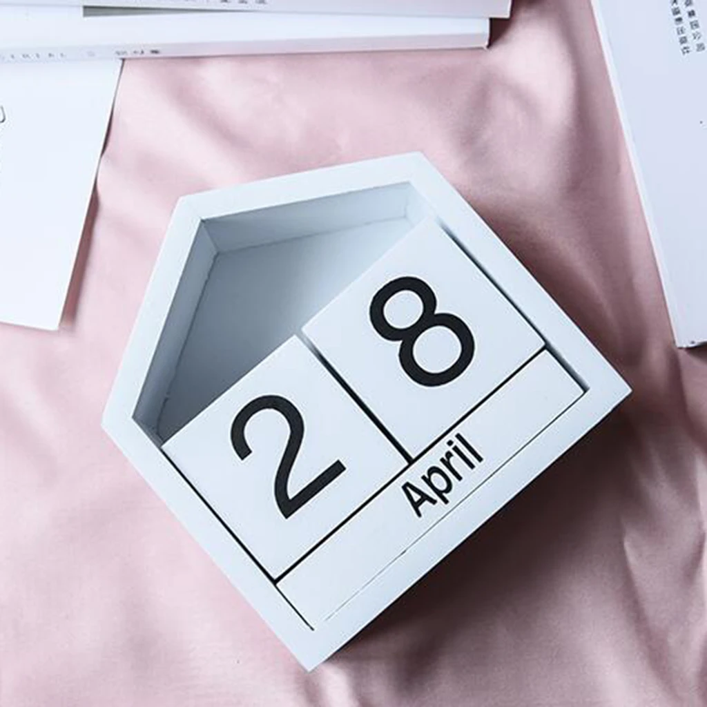 Vintage Wooden Calendar Rustic Desktop Wood Perpetual Block Calendar Month Date Display Home Office Decoration -Black/White