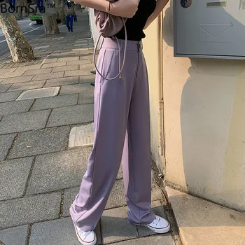 

BornSra Summer Loose Long Women Suit Pants High Waist Pockets Full-length Pants Elegant Female Trousers Pantalon Femme 2020