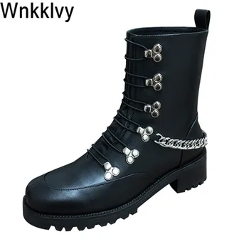 

Martin boots women round toe metal chain decor ankle boots real leather spring winter shoes handsome motorcycle botas for girls