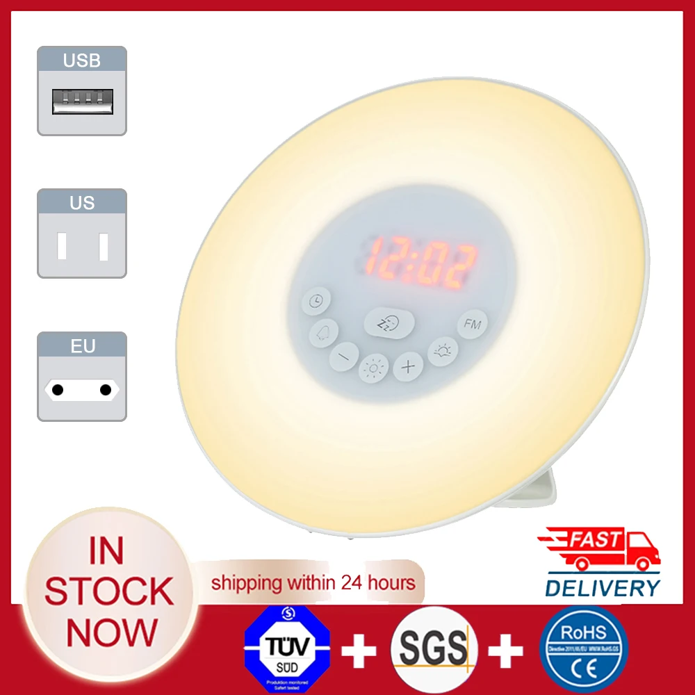 Despertador digital wake up mesa de luz led lâmpada relógio eletrônico despertador nascer do sol despertador snooze relógios rádio fm mesa|Despertadores| -