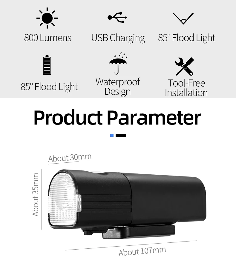 ROCKBROS Bike Light Rainproof Bicycle Front Lamp USB Charging Headlight 800 Lumen Multiple Modes Flashlight Cycling Accessories