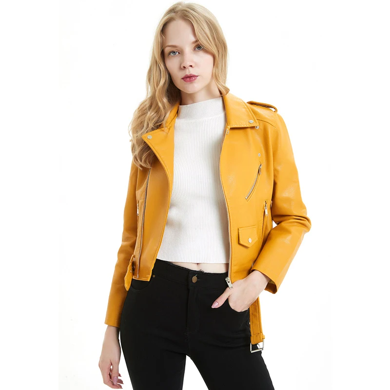 Gplus Женская куртка из искусственной кожи черного, белого, розового, желтого, винно-красного цвета пальто с Blet Ramoneska Cycliste Femme Chaqueta Cuero Mujer - Цвет: Цвет: желтый