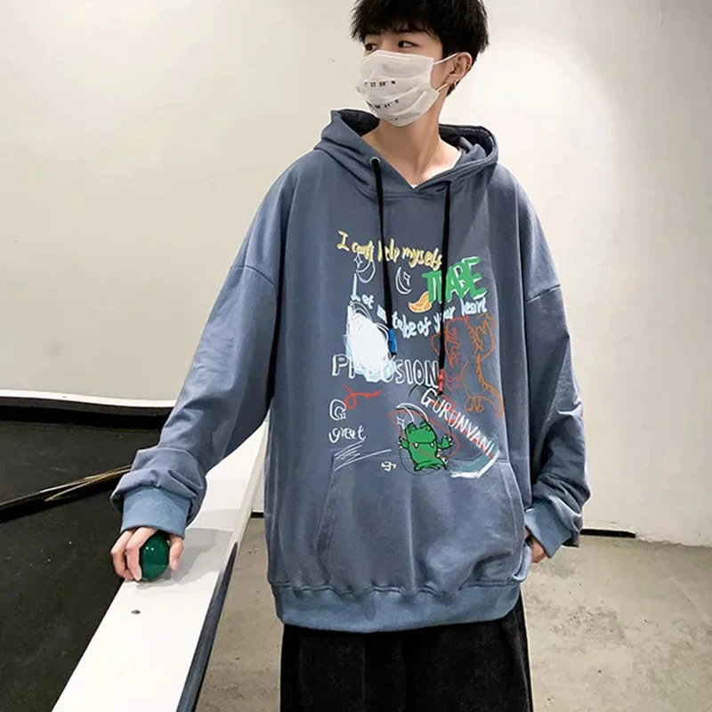 

Loose street Korean all-match hooded top men's Japanese trend cartoon Graffiti print casual off white sweatshirt Harajuku top
