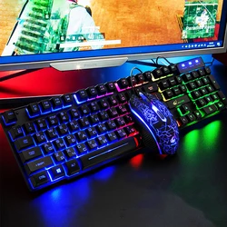 Conjunto de teclado russo inglês com fio jogo mouse e teclado conjunto arco íris backlit computador à prova dwaterproof água ru + en teclados