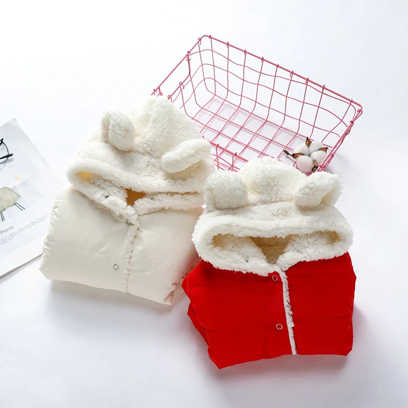 Одежда для детей; детская одежда; зимние теплые толстовки с капюшоном для мальчиков и девочек; пальто; утепленная бархатная верхняя одежда кораллового цвета с рисунком медведя