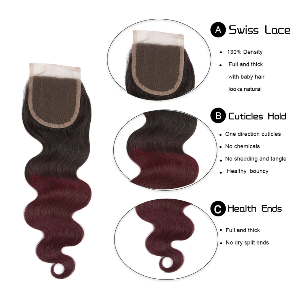HairUGo Brazilian Body Wave Hair Weave Bundles With Closure Ombre 1B/99J Burgundy Human Hair Bundles With Closure Remy Hair