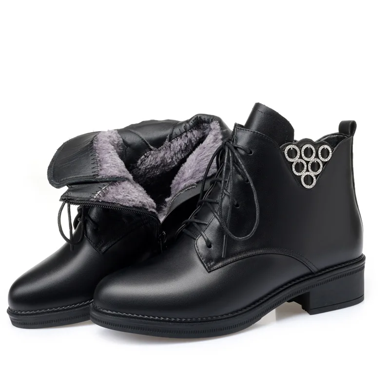 Wool Women Snow Boots Warm Fur Warm Plush Solid Fashion Ankle Boots High Heel Leisure Genuine Leather Women Winter Boots - Цвет: Черный