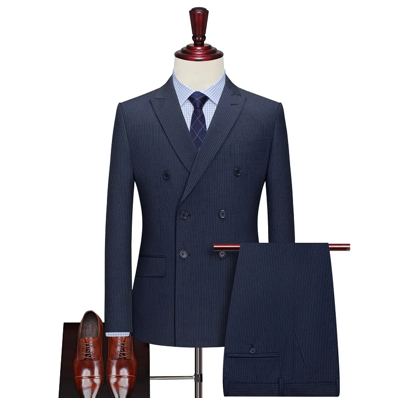 Thin elastic double breasted suit stripe business slim groom wedding prom dress for Theme Party Club tuxedo men's coat and pants | Мужская