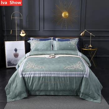 

Iva Show Green Long-staple Cotton Bedding Set Satin Embroidery Bed Set Wide Edge Pillowcase Queen / King Size Bed Four-pieces