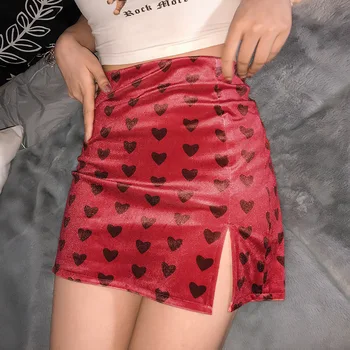 

Red Velvet High Waist slit Skirt Streetwear Heart Print Zipper Skirts Womens Preppy Style A-Line Mini Skirt Harajuku 2020 spring