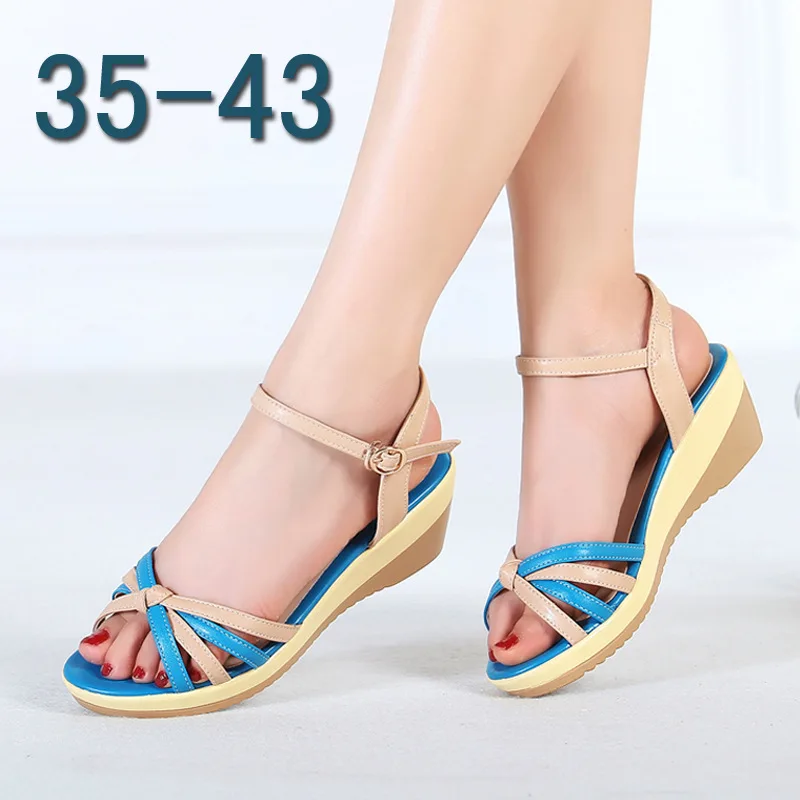 

2019 Summer New Style Semi-high Heeled Cowhide Mixed Colors WOMEN'S Wedge Heels Waterproof Platform Peep-Toe Genuine Leather Lar