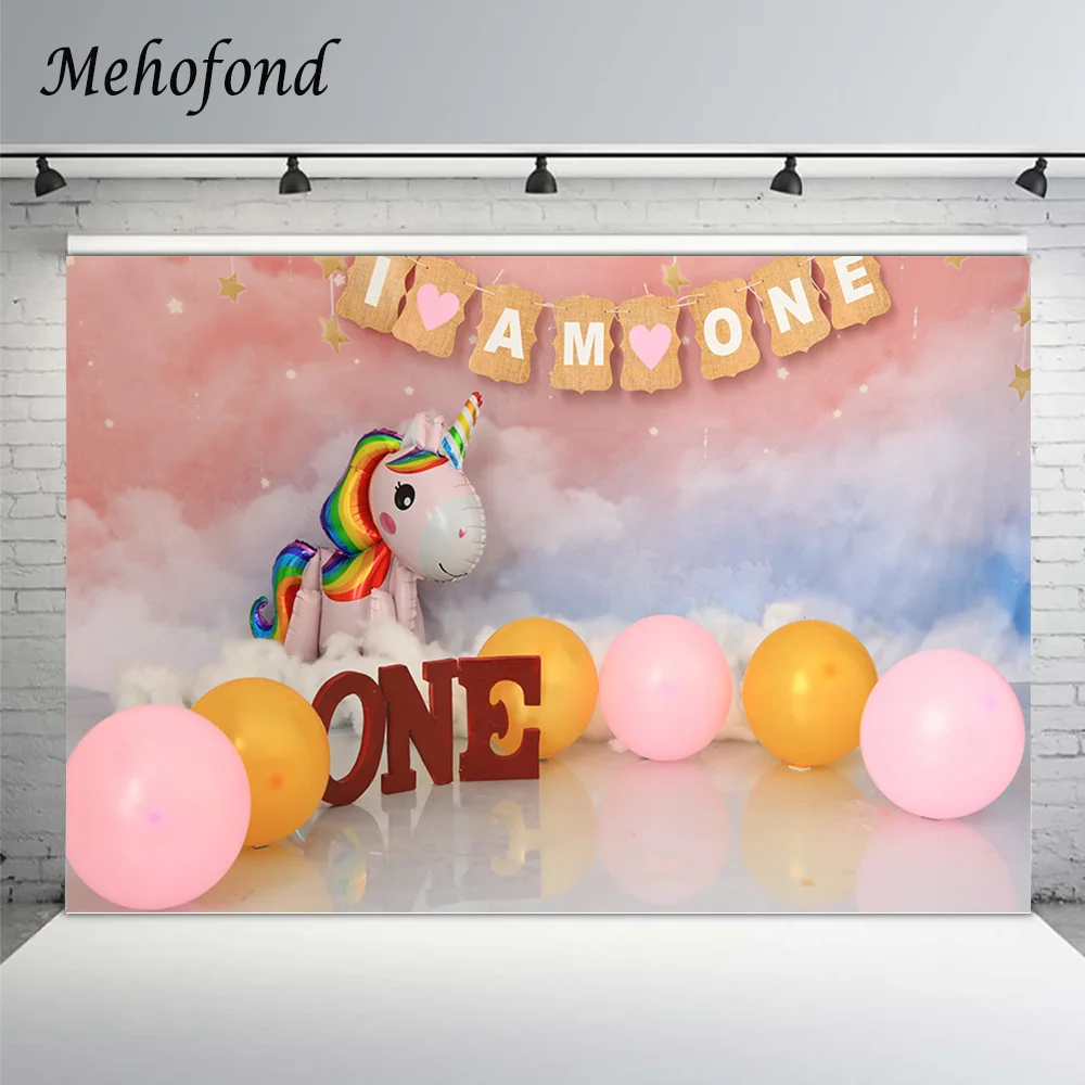 

Mehofond Rainbow Unicorn 1st Birthday Backdrop Decor Pink Balloons Girl One Cake Smash Portrait Photography Background Photocall