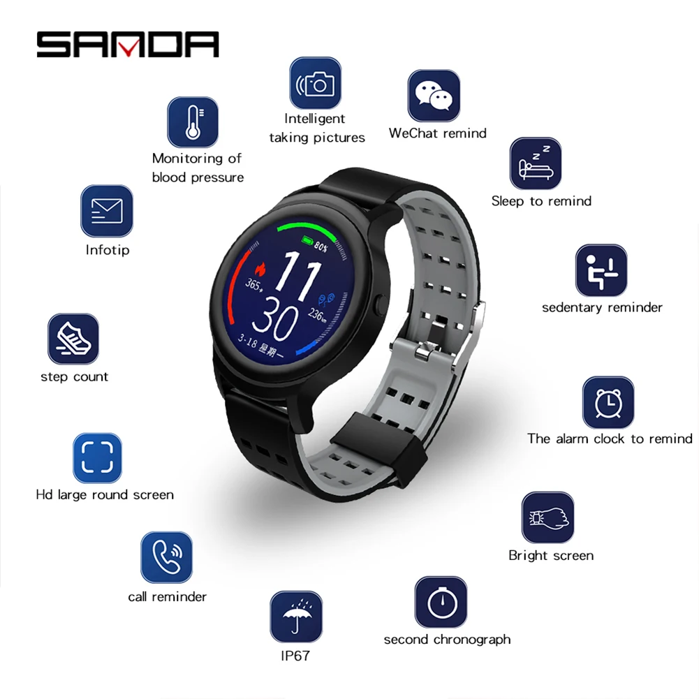 SANDA Смарт Bluetooth часы сенсорный экран Музыка контроль здоровья трекер сообщение напоминание наручные часы Совместимость для Android iOS