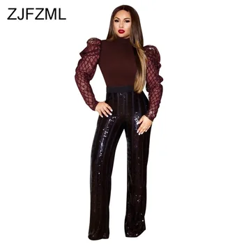 

Sheer Mesh Plaid Sequin Full Sleeve Tops Women Fashion High Necked See Through T Shirt Autumn Winter Female Solid Slim Fit Tees