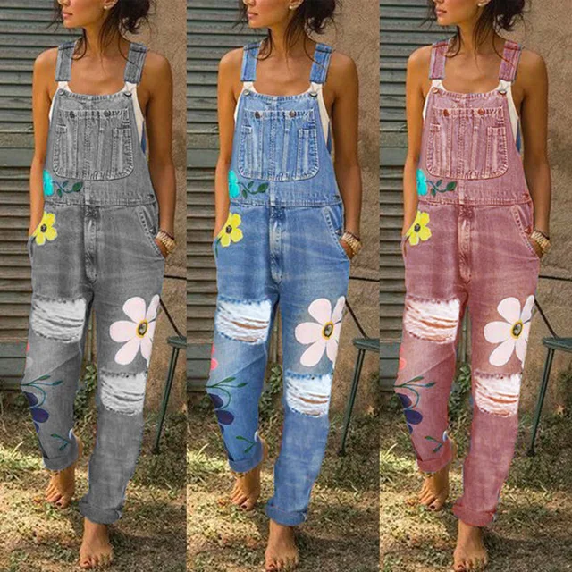  - Women's jean overalls slacks 2021 fashion print vintage mommy coveralls ripped sleeveless suspenders women's jean pants