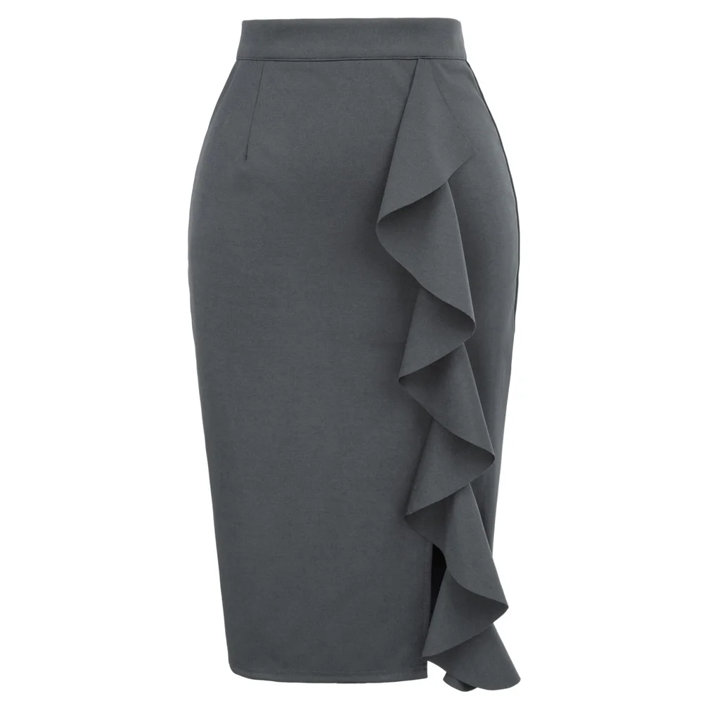 Женская юбка карандаш украшенная большими оборками разрезом спереди и бедрами