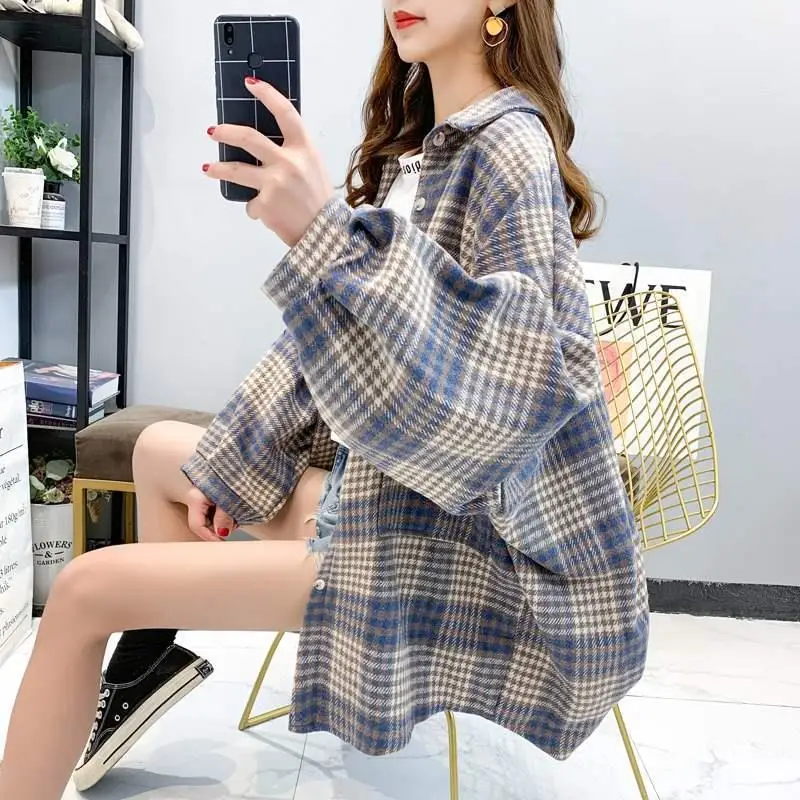 

Plaid Shirt Women's Woolen Autumn Coat Loose 2021 New Retro Shirt Long Sleeve Blouse Womens Tops Women Shirts