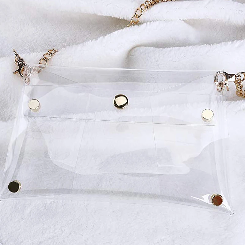 

PVC Clutch Purse Handbag Transparent Clear Cross Body Shoulder Bag with a Gold Chain Strap Gift for Women