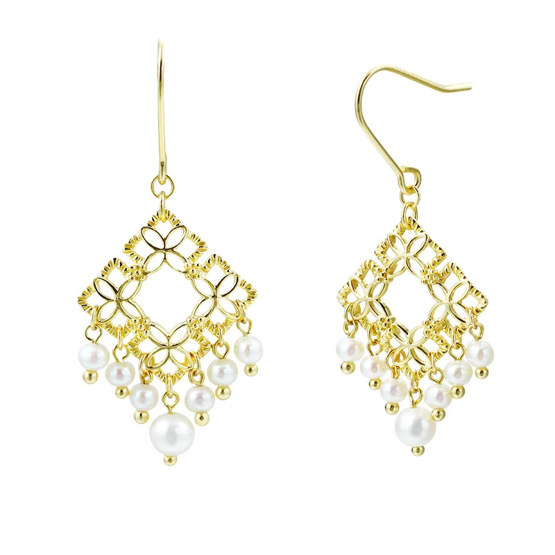 

Dun li New Style S925 Silver Plated 14k Gold Hollow out Decorative Pattern Natural Pearl Tassel Earring Women's Online Celebrity