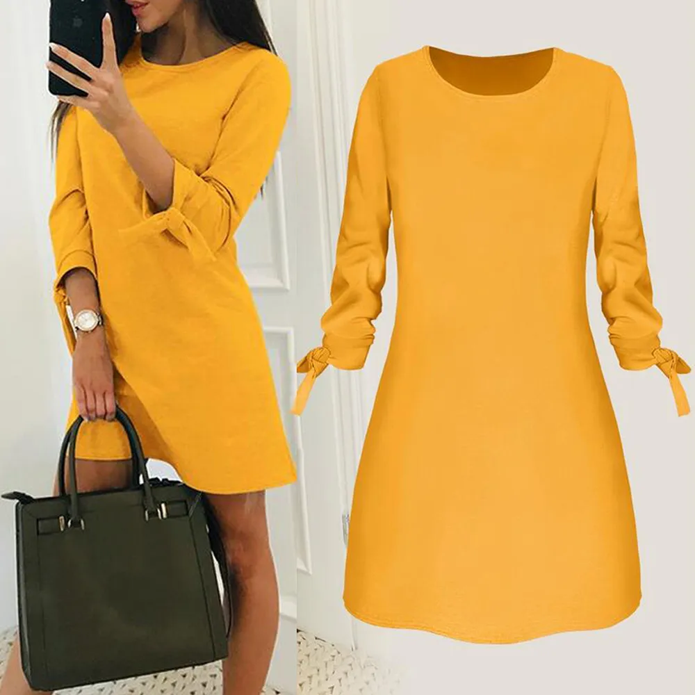 Dress Women платье Fashion Casual O-neck Solid Three Quarter Bow Elegant Straigth Dress Spring Loose Mini Dresses Free Ship Z4